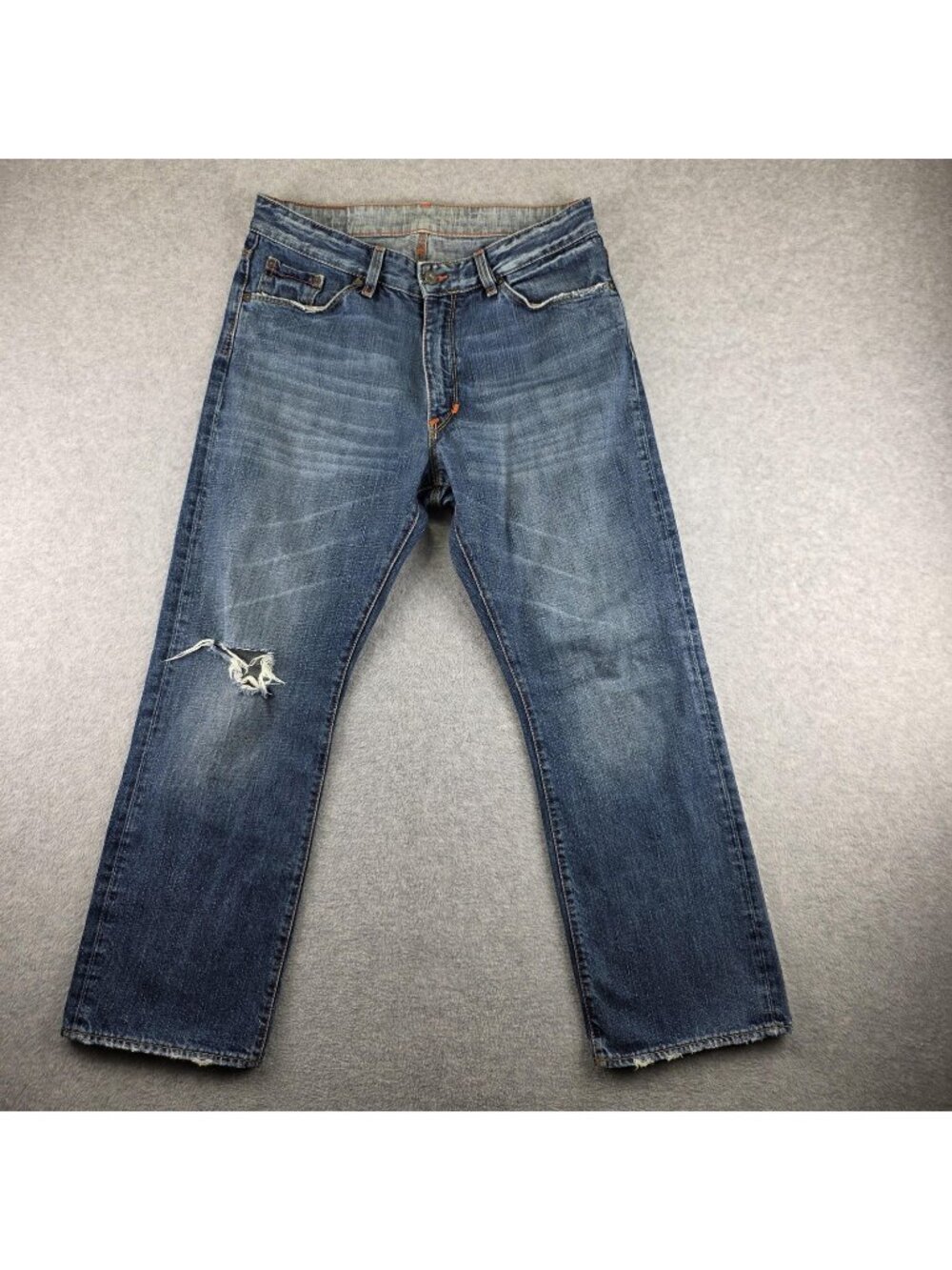 X2 Jeans Mens 33x30 Blue Medium Wash Straight Distressed Ripped Knee Denim